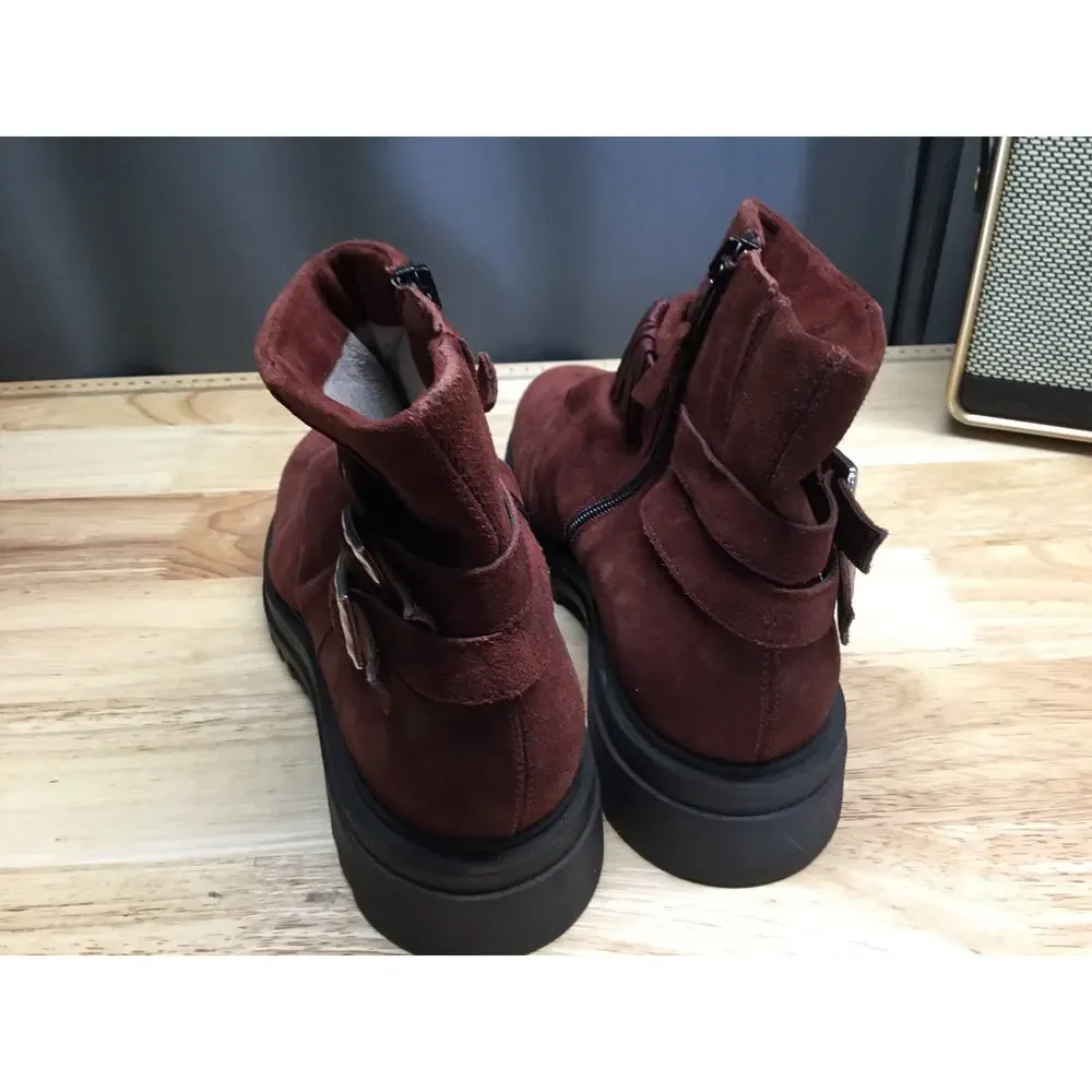 Miz Mooz Finley Women's 11.5 Maroon Suede Side Zip Classic Round Toe Ankle Boots
